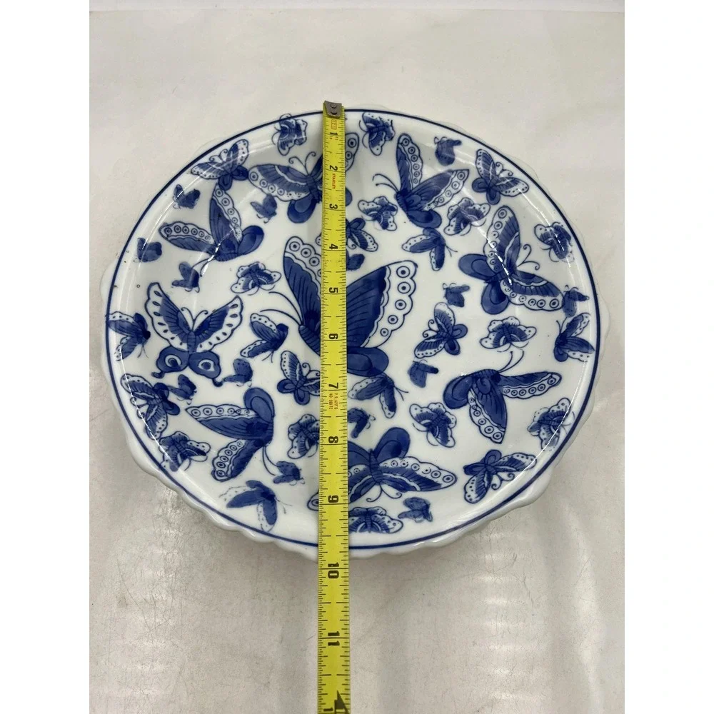 Vintage Pedestal Dish Scalloped Bowl Blue and White Butterfly Porcelain 9.5